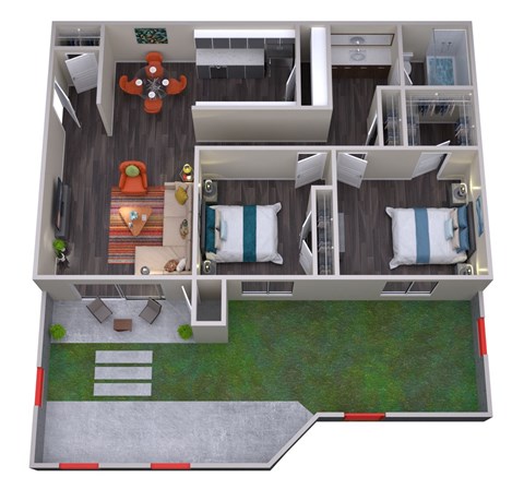 A top-down view of a small, well-organized apartment with a bedroom, living room, and kitchen area.